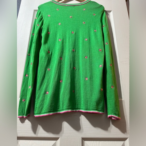 Quaker Factory silk bright green V-neck bumblebee cardigan with pink detail med - Picture 13 of 16